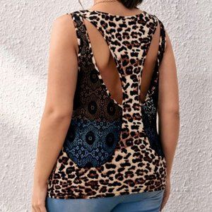 SXY Plus Leopard Print Contrast Lace Tank Top - Plus Size 16